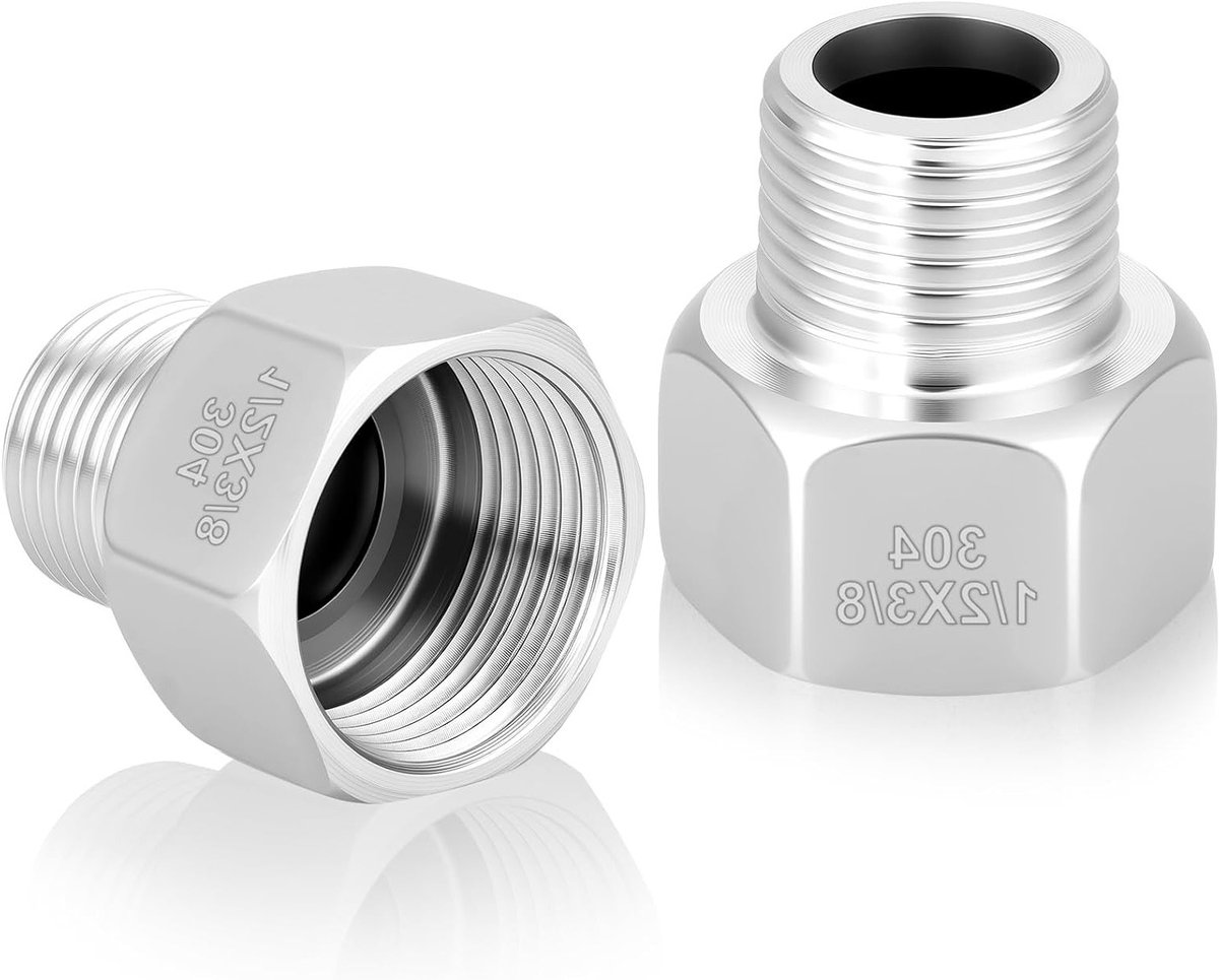 1/2" Vrouwelijke Draad naar 3/8" Mannelijke BSP RVS Hex Adapter voor Gas, Water en Pijpaansluitingen (2 Stuks) - Duurzaam en Betrouwbaar voor Diverse Toepassingen