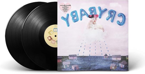Dubbel LP met de titel "Cry Baby" in blauwe ballonnen, een meisje in een wolk met regen en kleine huizen op de golven.