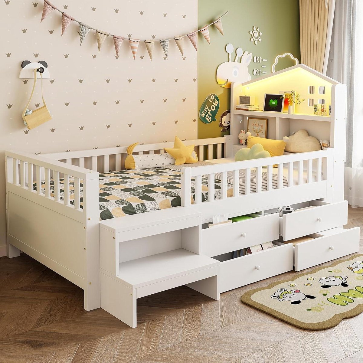 Kinderbed met Lades - Huisbed met Verlichting - Veilig Slapen - Geïntegreerde Oplaadpoorten - 90x200 cm - Wit