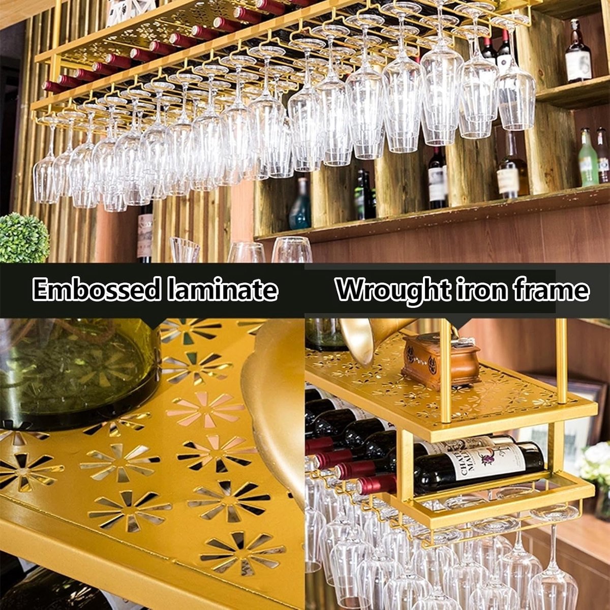 Wandgemonteerd Wijnrek met Glashouder – Modern Metalen Hängend Wijnrek voor Flessen & Wijnglazen – Luxe Bar & Keuken Wandopslag – Ruimtebesparend Design voor Woonkamer, Keuken & Home Bar – HomebyNicole