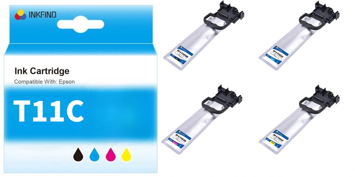 INKFIND T11C Inktcartridge compatibel met Epson T11C (T11C1/T11C2/T11C3/T11C4) C13T11C140 C13T11C240 C13T11C340 C13T11C440 Hoge Capaciteit - 4-pack Zwart*1 en Kleur*3 Geschikt voor Epson WorkForce Pro WF-C5390DW Epson WorkForce Pro WF-C5890DWF