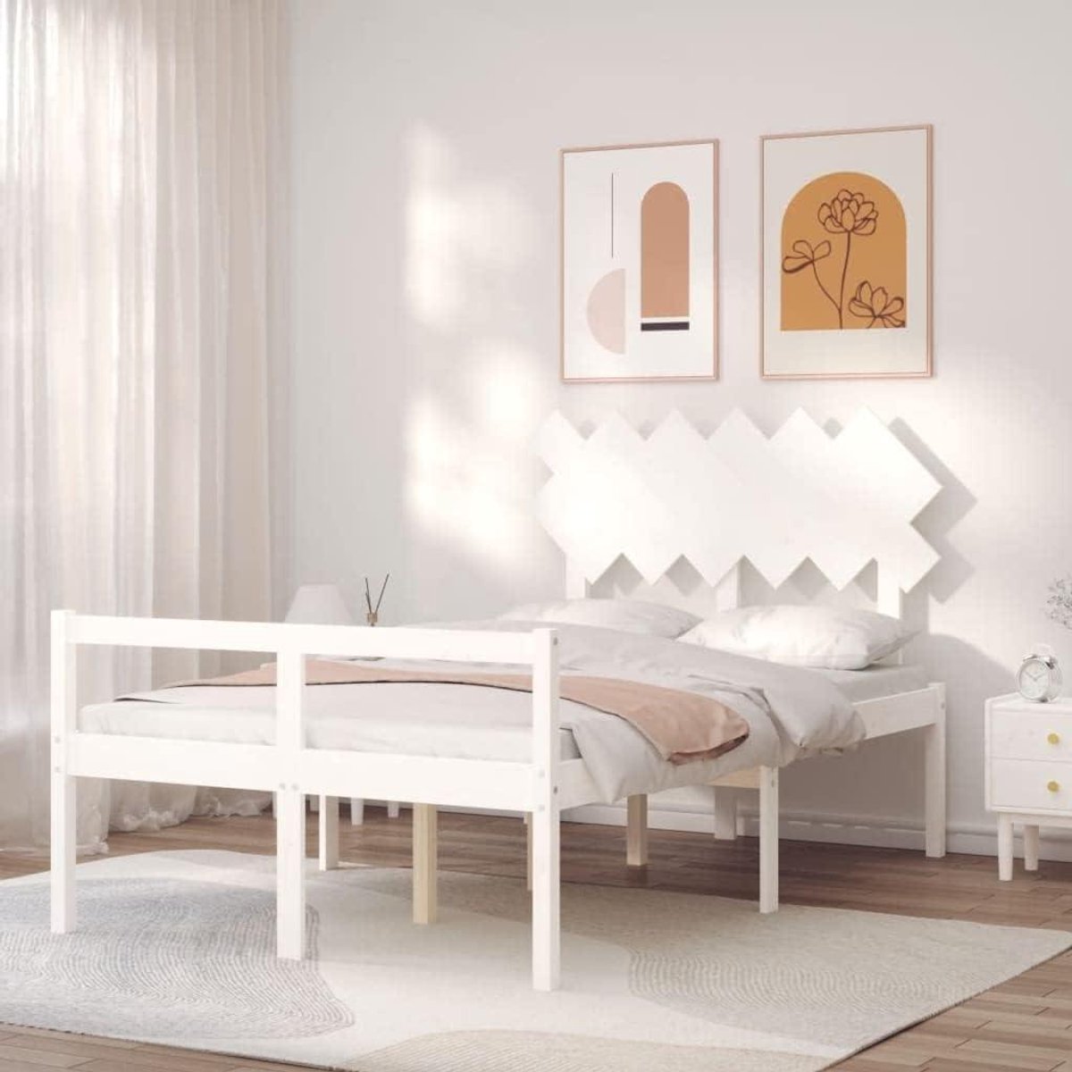 Houten bedframe - Massief bed - Slaapkamer inrichting - Rustieke look - 120x190 cm - Wit