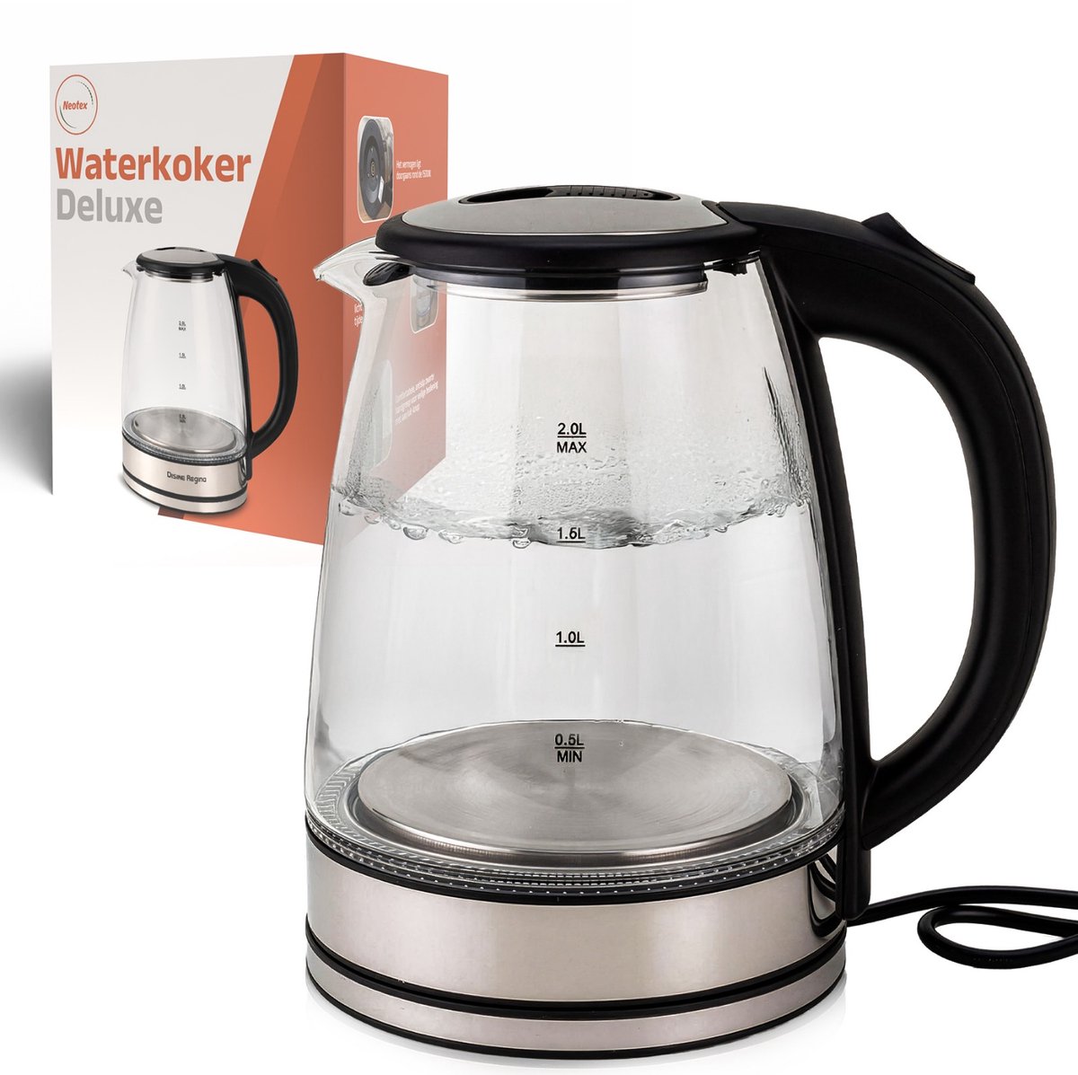 Neotex® Glazen Waterkoker 2L – 1500W Draadloze Elektrische Waterkoker met LED Verlichting – Automatische Uitschakeling – EU Stekker 220-240V – CE Gecertificeerd