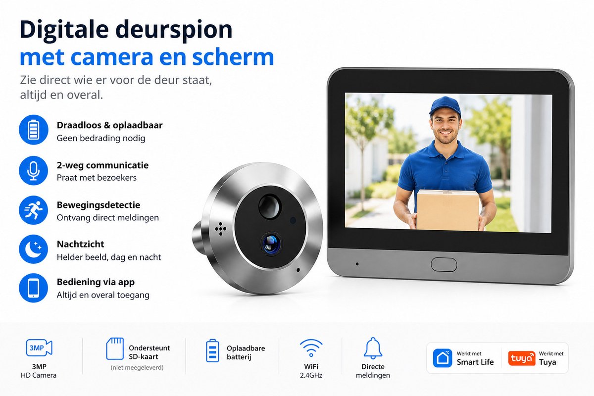 Smart Digitale Deurspion 3MP met Nachtzicht en Tweeweg Audio - afbeelding 3