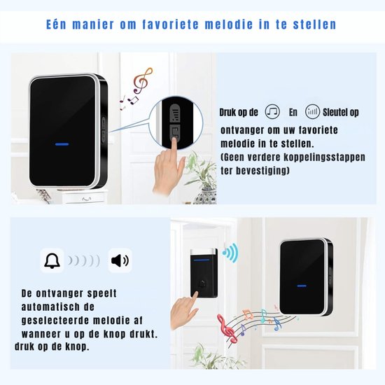 YOR® Waterdichte Draadloze Deurbelset - 2 Ontvangers - 150m Bereik - Geen Batterijen - 45 Melodieën - 4 Volumeniveaus - Zwart - ‎13cm x 11cm x 8cm — afbeelding 5
