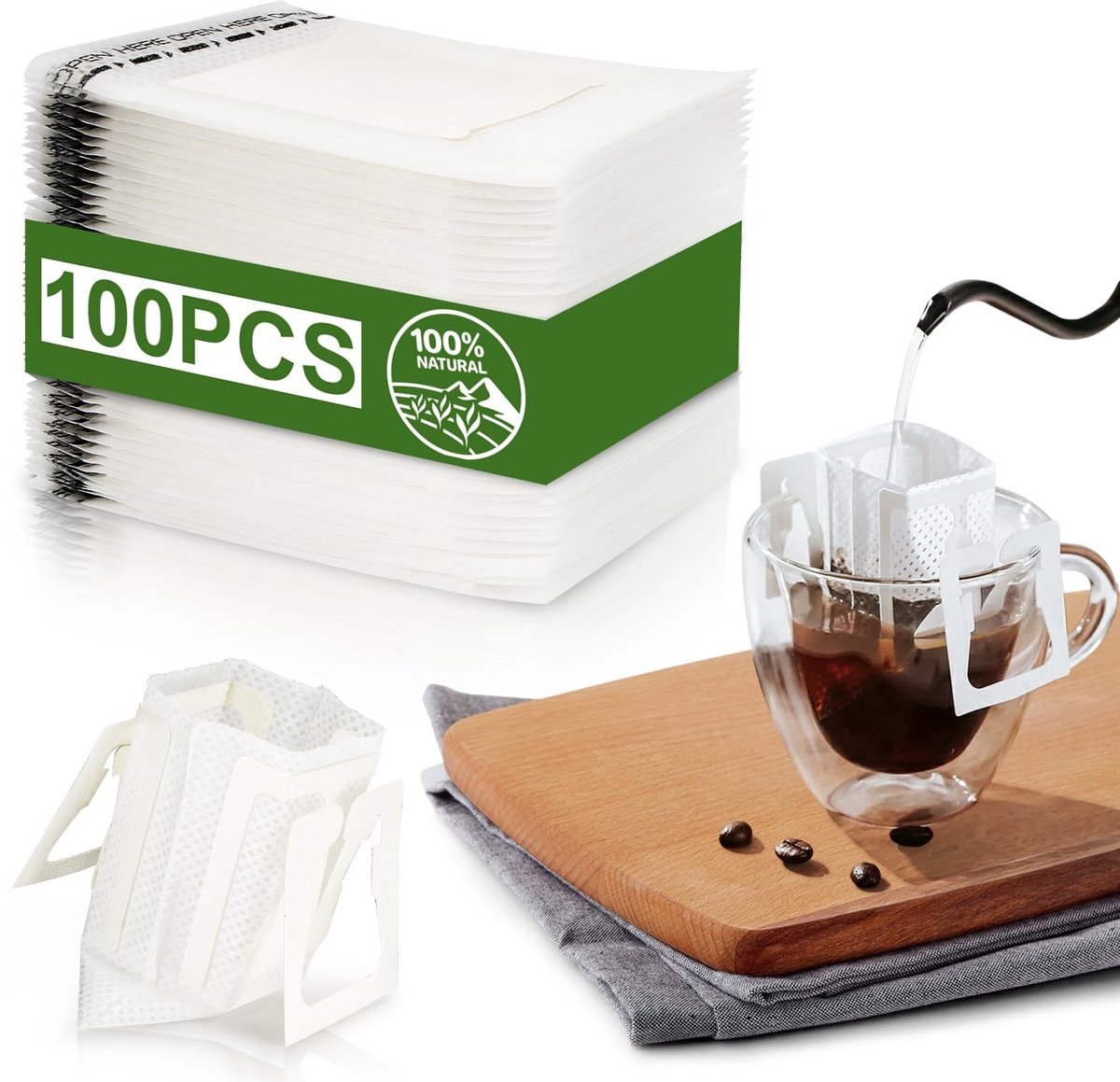 Draagbare koffiefilters met ophangoren, 100 stuks, vacuümverzegeld voor versheid