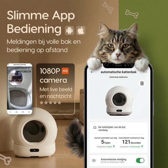Een kat kijkt naar een smartphone die een live beeld van een automatische kattenbak toont.