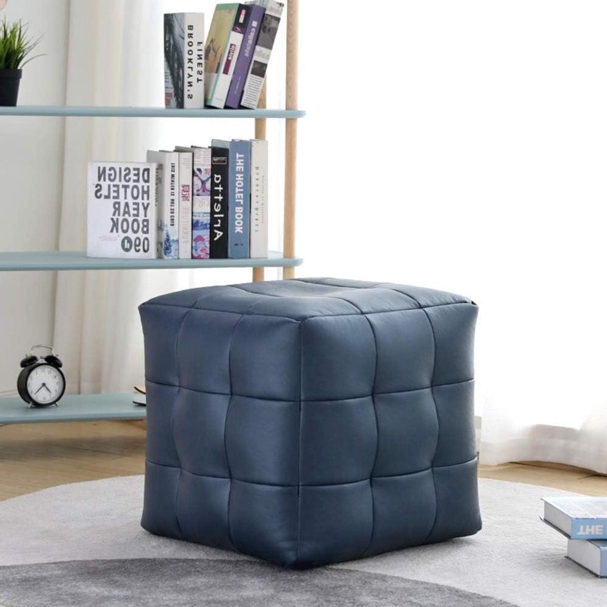 Gestoffeerde Poef - Voetenbankje Kruk - Woonkamer Decoratie - Getuft Design - 50x50x45cm - Donkerblauw