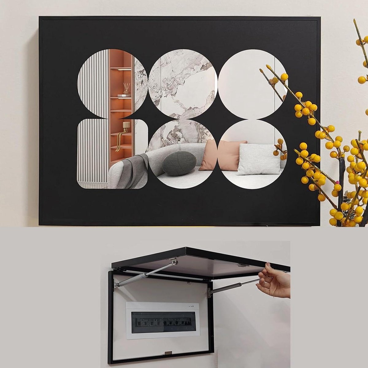Deksel Zekeringkast - Meterkast Decoratie - Interieur Verbeteren - Met Spiegels - 70 x 50 cm - Zwart