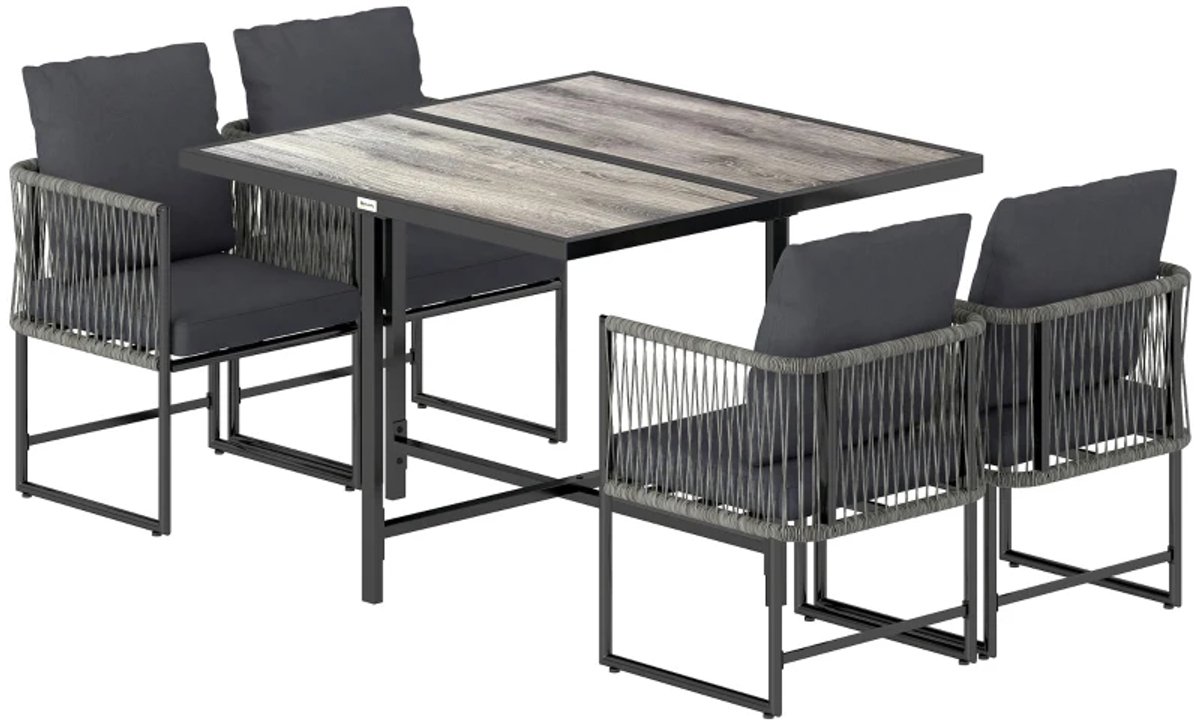 Tuinset - 5-delige Zitgroep - met 1 Tuintafel & 4 Tuinstoelen met Kussens - Tuinmeubelset voor 4 Personen - Ruimtebesparende Tuintafelset - Tuin Eetset - Diningset - Weerbestendig - Polyrattan - voor Terras, Balkon, Tuin - Grijs