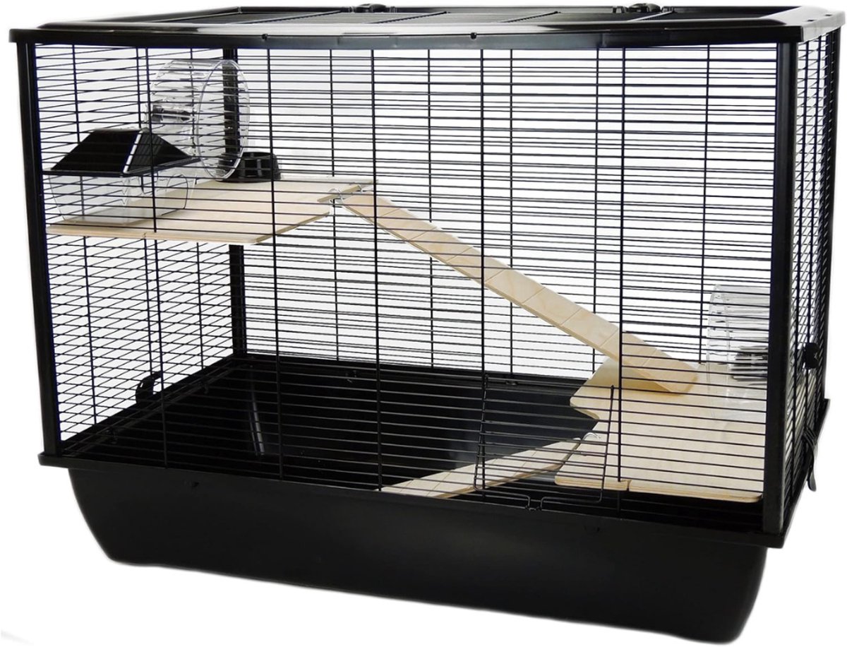 YOR® Rattenkooi - Frettenkooi - Chinchilla kooi – Hamsterkooi Met 2 verdiepingen - Knaagdierenkooi Met Hamsterspeelgoed - Zwart- 78cm x 48cm x 58cm