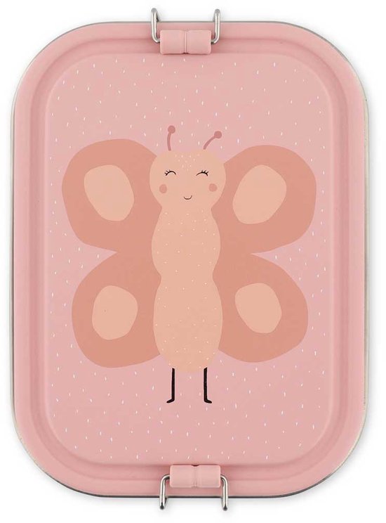 Trixie | Grande boîte à lunch - Mrs. Butterfly - Boîte à lunch en acier inoxydable pour enfants - Facile à ouvrir - Boîte à sandwich - 2 compartiments - Rose