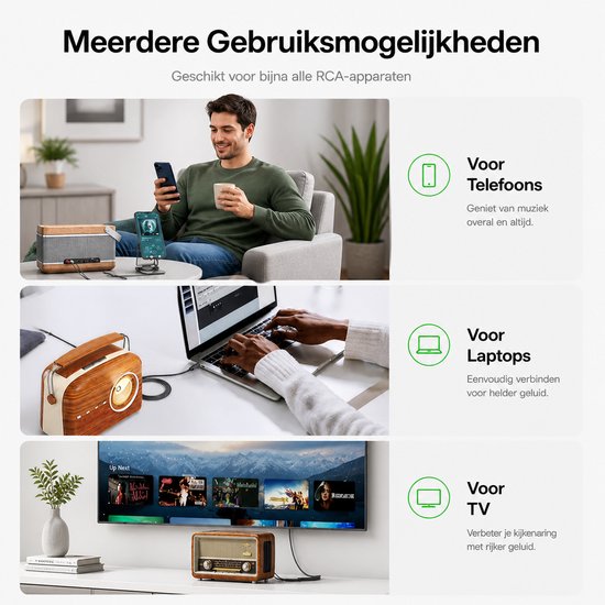 Homme avec smartphone, personne avec ordinateur portable et écran de télévision, tous connectés à des équipements audio.