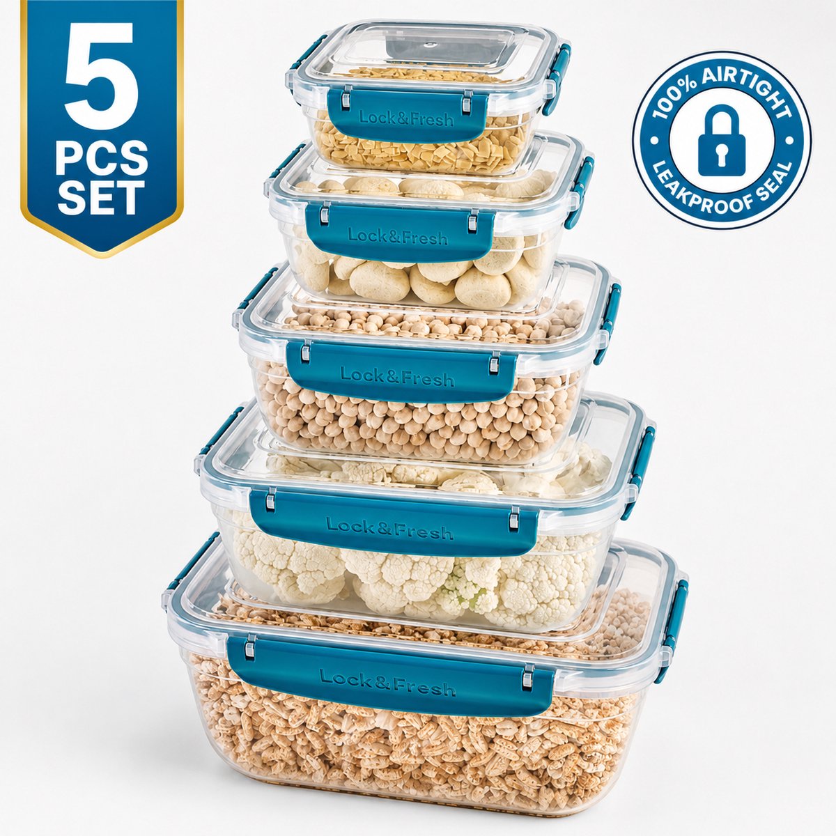 Soft Chef Lock & Fresh Vershoudbakjes Set – 5-delig – Rechthoekige Bewaardozen met Siliconen Seal – Luchtdicht & Lekvrij – BPA-vrij – Blauw