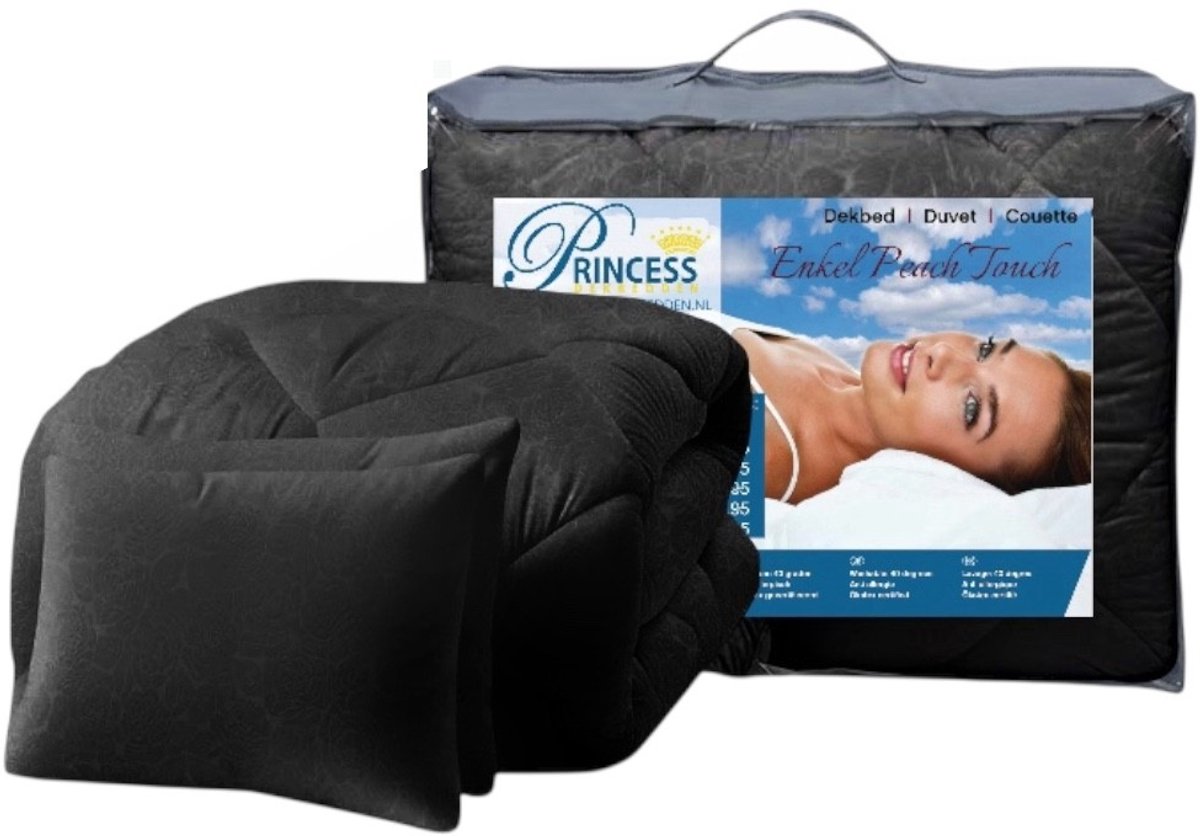 PrincessDekbed EazyDekbed - Dekbed Zonder Overtrek 1-persoons 140x200 - Zwart - Luxe Reliëf Bloemenpatroon - Anti-allergie - Wasbaar & Strijkvrij - Incl. 1 Kussensloop 60x70 cm