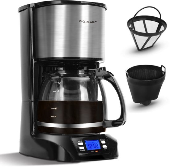Aigostar Koffiezetapparaat - Filterkoffie - BPA Vrij - 1.5L Glazen Kan - 12 Koppen - Timerfunctie - LCD-display - Zwart/RVS