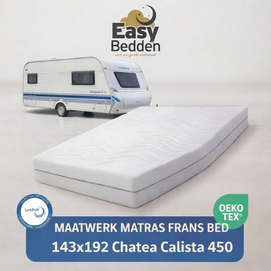 Matelas blanc au sol à côté d'une caravane, avec certifications CertiPUR et OEKO-TEX.