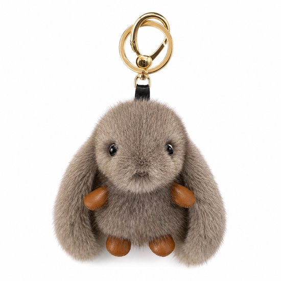 Donkergrijze pluche konijn sleutelhanger met bruine pootjes en zwarte oogjes.