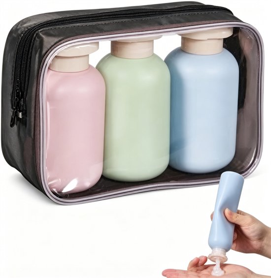 Reisset van 3 siliconen reisflesjes, 100 ml – Lekvrij – Herbruikbaar – Ruime opening – Flexibel – 3 stuks – Roze, groen, blauw