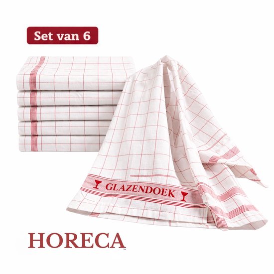 Droomtextiel Chiffon à verres - Chiffons de polissage Jacquard Carreaux Rouges 65x65 cm - lot de 6 pièces - 50% Ramie Lin 50% Coton
