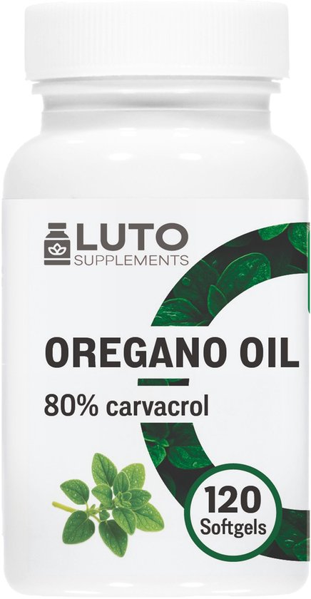 Fles van 120 LUTO Supplements Oregano Oil softgels, 80% carvacrol, met afbeelding van origanum plant.
