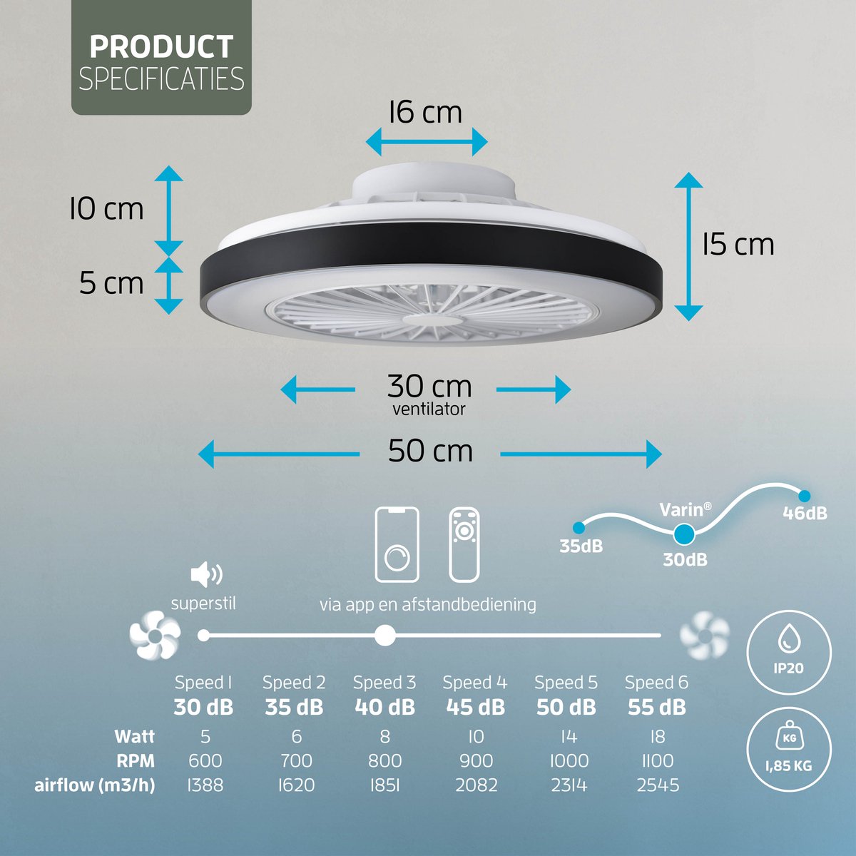 Varin® Plafondventilator met verlichting - Zwart - Tuya Wifi - LED 30W RGBW - Ø 50cm - Super stil - Afstandsbediening smart lamp - Plafondlamp slaapkamer - Plafonniere woonkamer - Plafondlampen - Plafond lamp - Verlichting kinderkamer - Ventilator thumbnail 8