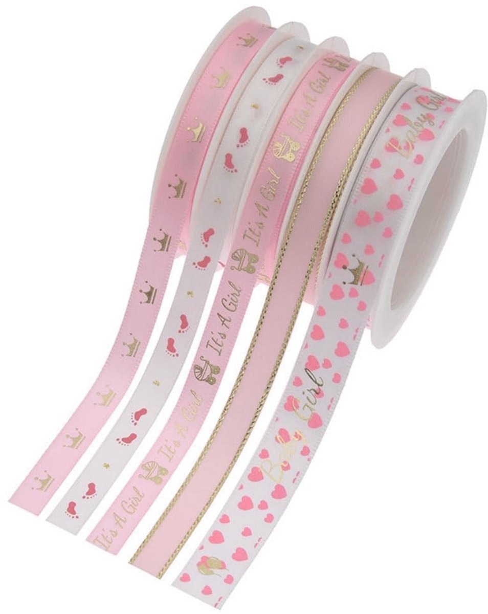Golden crown - Baby geboorte satijnen lint - Decoratief lint - Perfect voor babyshower - Roze - DIY knutselen - Cadeaulint voor doop en verjaardag