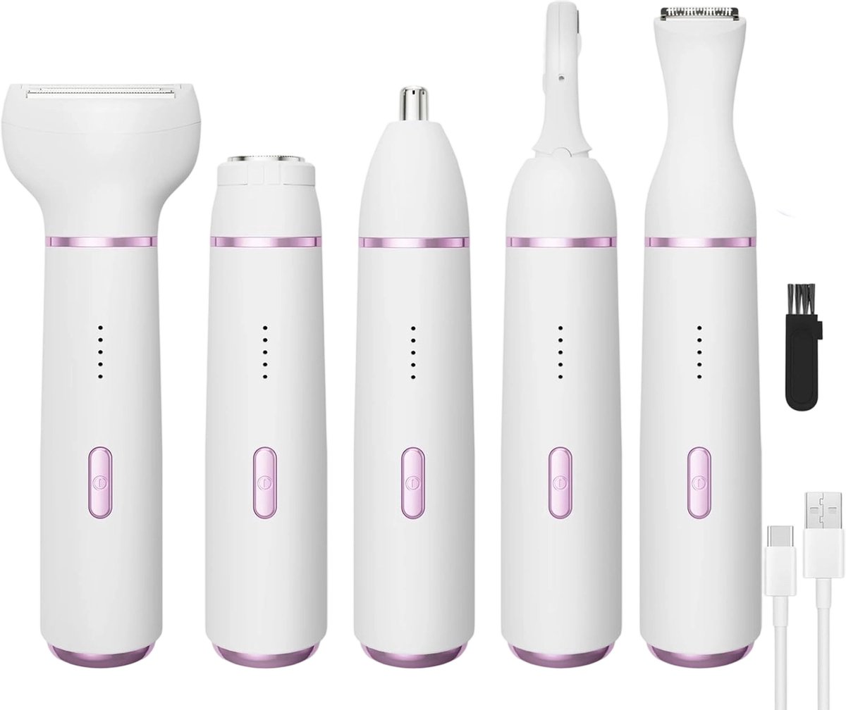 Ladyshave - Elektrisch scheerapparaat voor vrouwen - 5-in-1 elektrisch scheerapparaat voor vrouwen - Oplaadbare ontharingsset - Trimmer voor nat en droog gebruik - Geschikt voor gezichtshaar, wenkbrauwen, neushaar en lichaamshaar