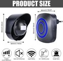 Afmetingen van zwarte deurbel met blauwe gloed en zwarte bewegingssensor met hoes. Iconen tonen functies.