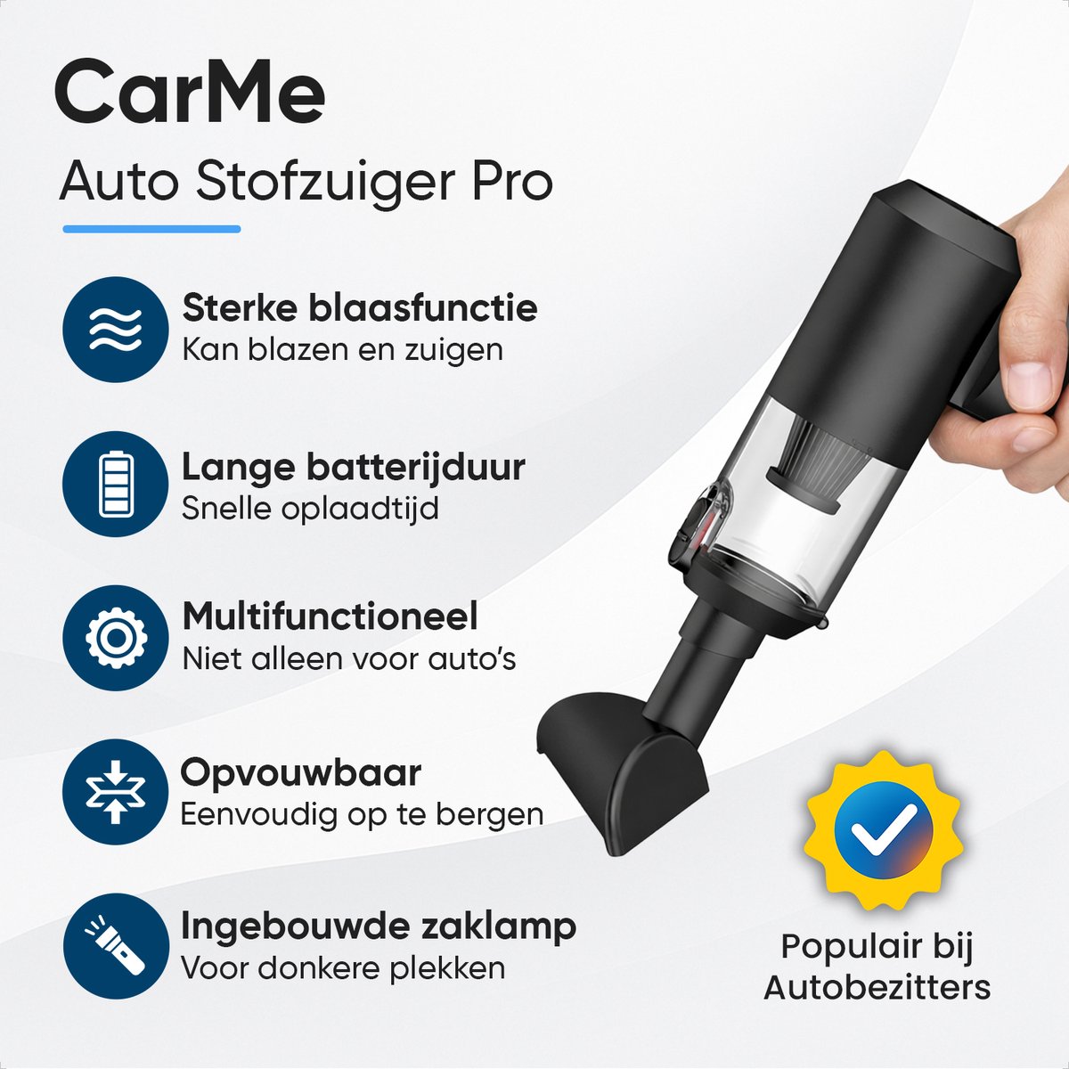CarMe 2-in-1 Auto Stofzuiger Pro - Zuigen & Blazen - Kruimeldief - 8 Opzetstukken - Oplaadbaar - Handstofzuiger - Air Duster - Zwart — afbeelding 2