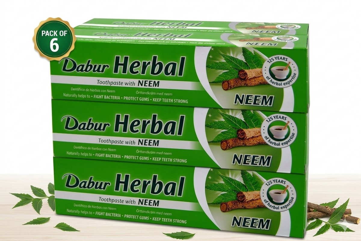 6 x Dabur Herbal Toothpaste with Neem (155g) - Ayurvedic Teeth Care - Natural Herbal-Toothpaste for Gums and Fresh Breath - Duopack With Kajal Sticker
