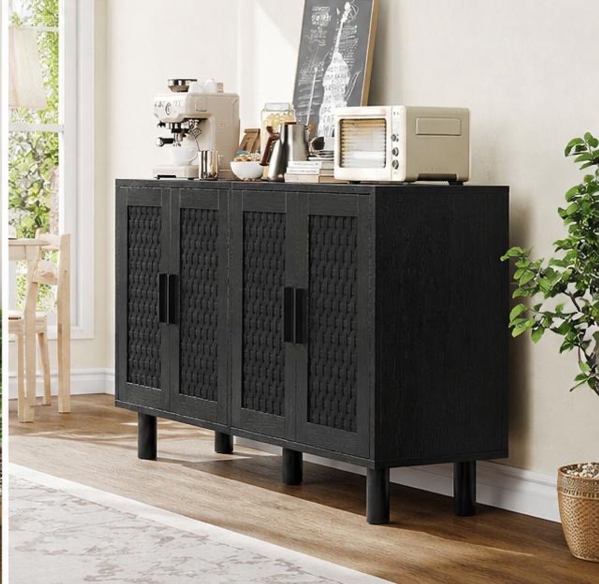 Dressoir kast 108x40x80 cm rotan look met 3 laden en 4 deuren opbergkast highboard woonkam