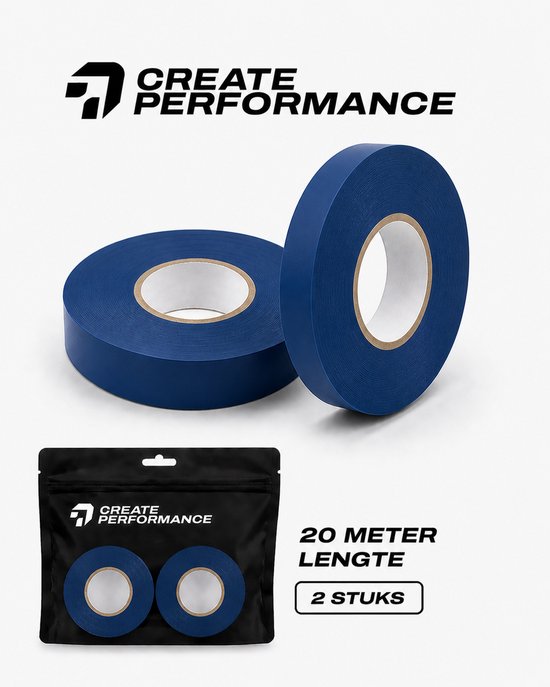 Deux rouleaux de bande de sport bleue et un emballage avec deux rouleaux de bande. Texte: LONGUEUR 20 MÈTRE, 2 PIÈCES.