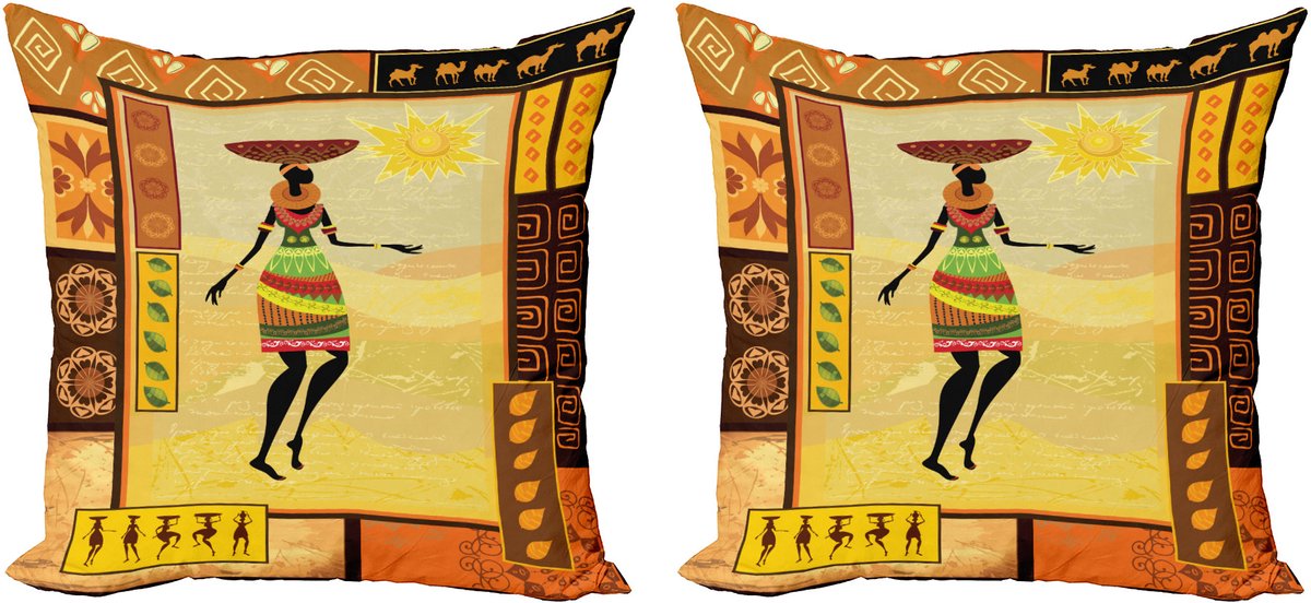 ABAKUHAUS Afro decoratieve kussenhoes, 2-pack, folkloristisch, modern accent, dubbelzijdige digitale print, 60x60 cm, veelkleurig Meerkleurig