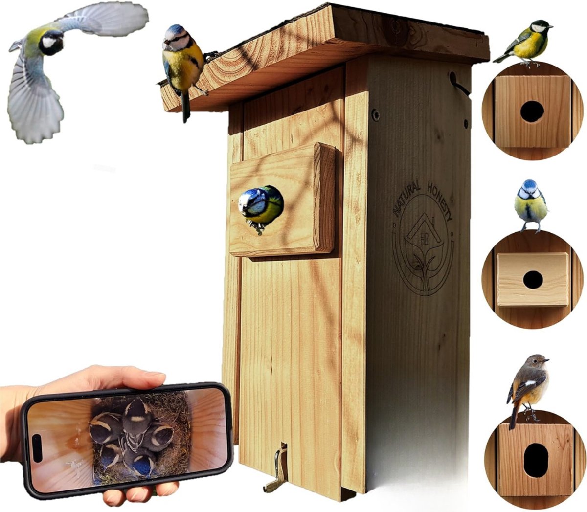 YOR® Vogelhuisje met Camera – Nestkast Camera Oplaadbaar – Vogelvoederhuisje met Camera – Vogel Camera met Dag & Nachtzicht – Camera Vogelhuisje IP65 Waterdicht - Hout - 5cm x 20cm x 36cm