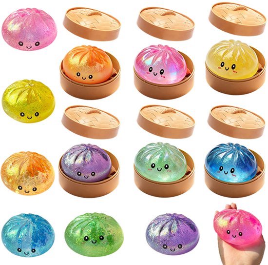 Set de 4 Squishy Dumpling - 2 Éditions Paillettes 8,5 cm - 2 Éditions Classiques 8,5 cm - Anti-stress - Bao Bun - Fidget Toys - Jouet à presser