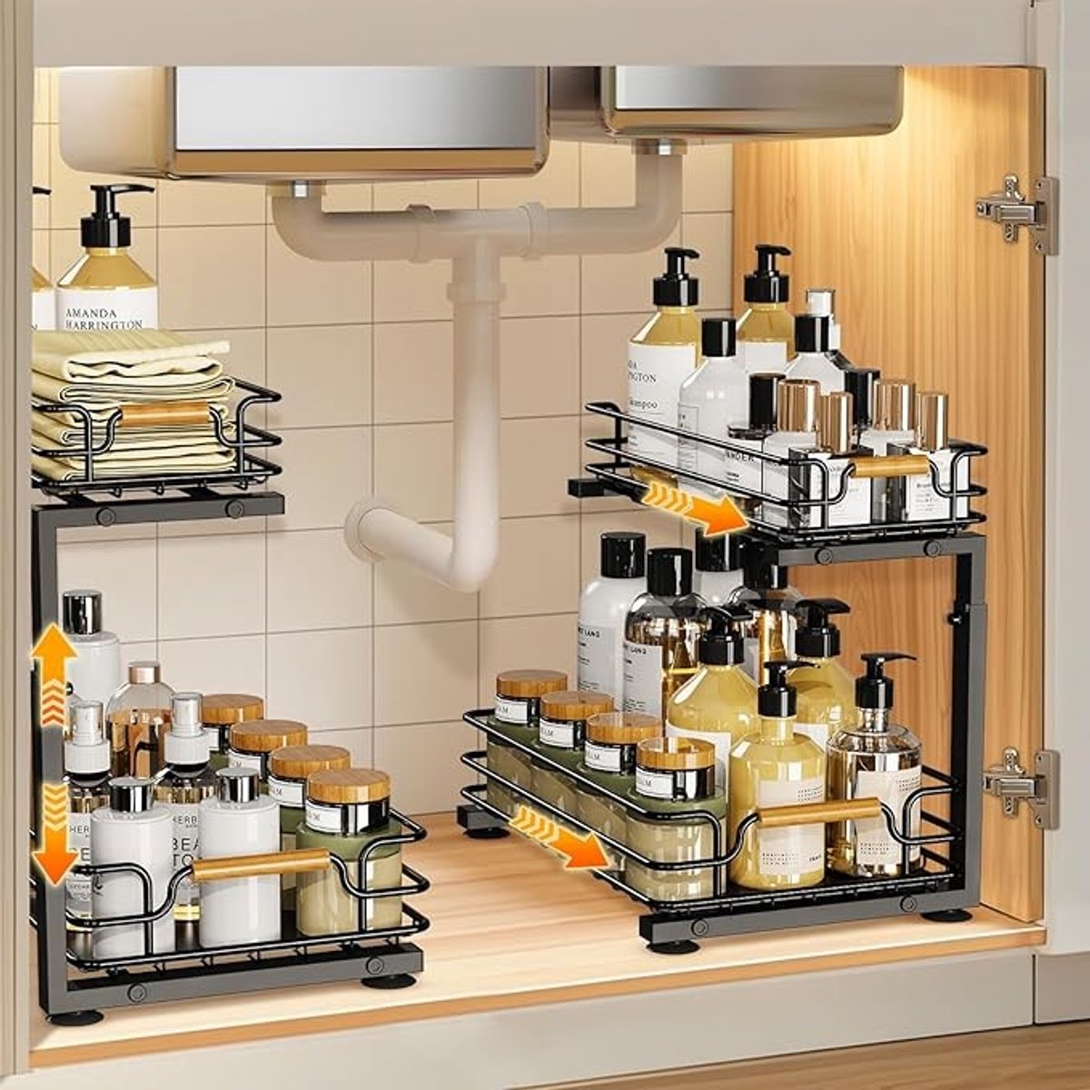 Verstelbare spoelkastorganizer met 2 lades, metalen frame, zwart