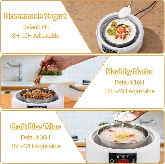 Yoghurtmaker met Temperatuurregeling - Incl. 5 Glazen Potjes 100ml - Voor Griekse & Vegan Yoghurt - Ook voor Natto van Merkloos — afbeelding 3