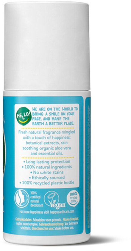 Achterkant van Happy Earth roll-on deodorant 75ml, met informatie over ingrediënten, werking en duurzaamheid.