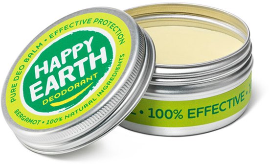 Happy Earth deo balsem in blikje met deksel, met "Happy Earth Deodorant" en "100% natural ingredients".