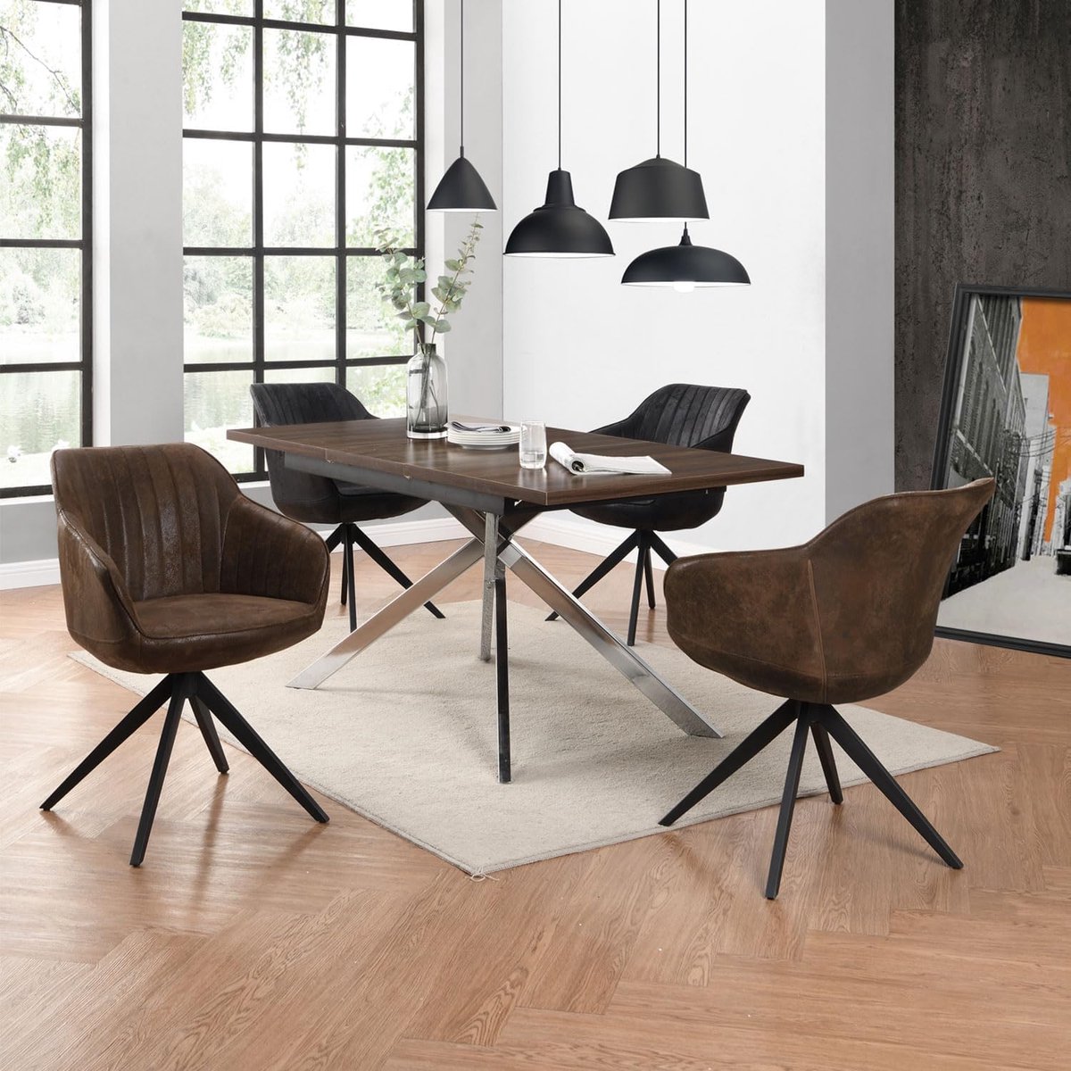 Eetkamerstoel Draaibaar met Armleuningen - 360° Designstoel Suede Look, Veerkern Gestoffeerde Stoel met Zwart Metalen Frame Bruin - 61x61x87 cm - Vermissen