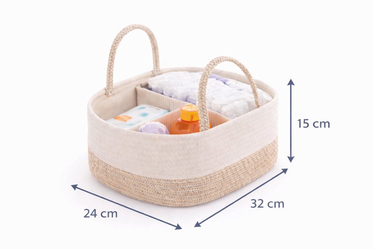Katoenen Luiermand met Handvatten – Baby Organizer met 3 Vakken – Commode Organizer / Diaper Caddy – Opbergmand Baby – Crème Beige – foto 5