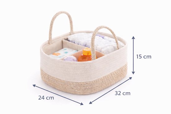 Katoenen Luiermand met Handvatten - Baby Organizer met 3 Vakken - Commode Organizer / Diaper Caddy - Opbergmand Baby - Crème Beige — afbeelding 5