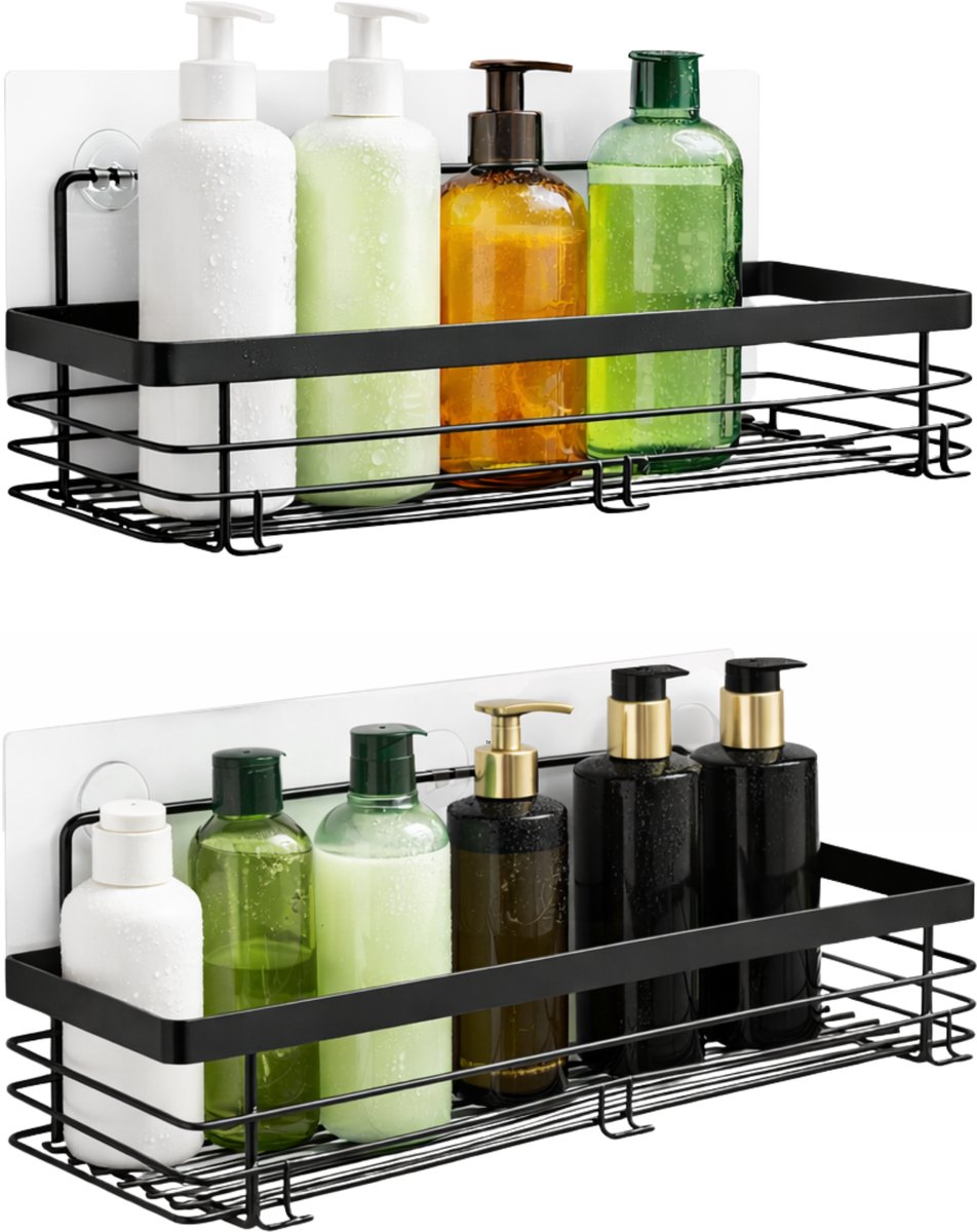 RVS Doucherek Zelfklevend Zonder Boren - 2 Laags - Douchemand Hangend - 15KG Draagvermogen - Planchet - 31x10cm - Zwart