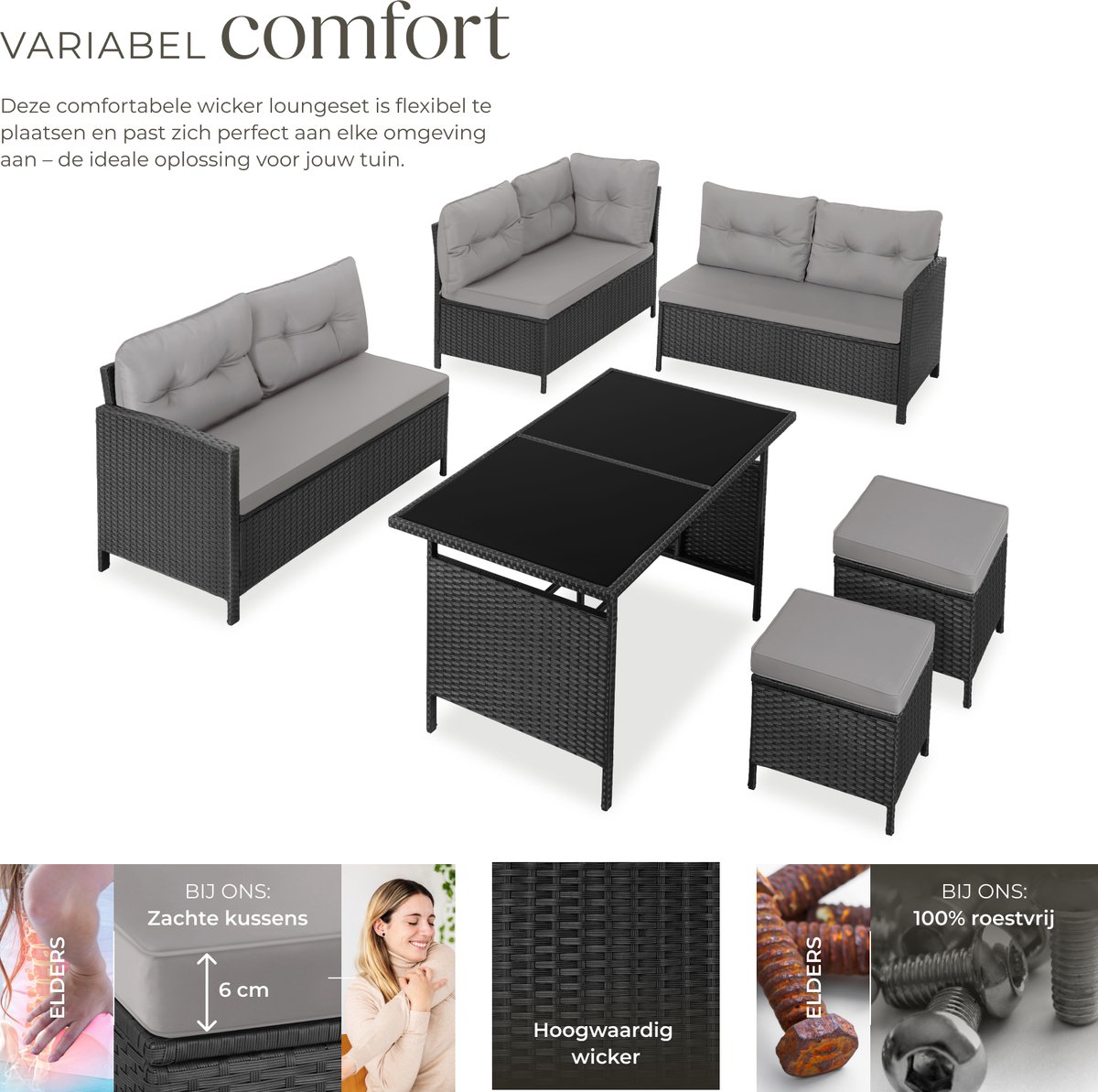 tectake® Loungeset Barletta - 6 tot 8 Personen - Modulaire Tuinset met Loungebank, Kruk en Tuintafel - Tuinmeubels - Balkonmeubel - 5-delige Zitgroep - Inclusief Kussens - Ideaal voor Tuin, Terras en Balkon - Zwart met Grijze Kussens thumbnail 3