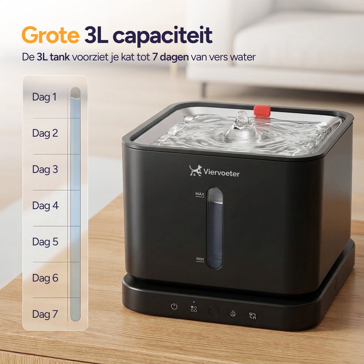 Viervoeter® Draadloze Drinkfontein RVS - Sensor Waterfontein voor Kat en Hond - Inclusief 3 filters en los te koppelen accu - 3L - 30d batterijduur thumbnail 2