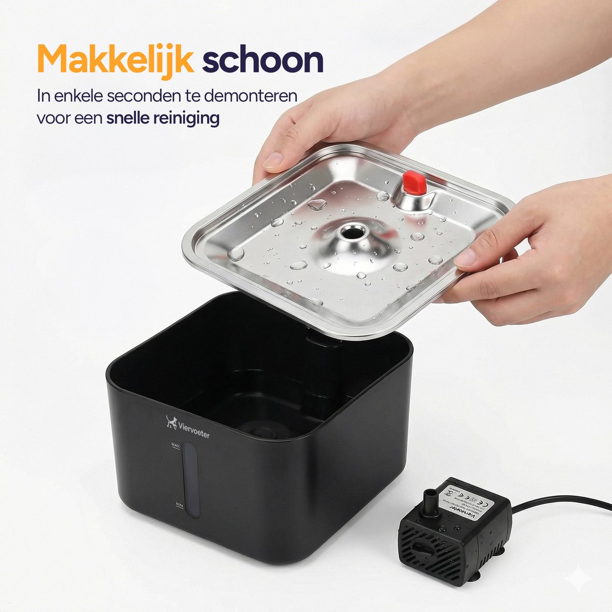 Viervoeter® Draadloze Drinkfontein RVS - Sensor Waterfontein voor Kat en Hond - Inclusief 3 filters en los te koppelen accu - 3L - 30d batterijduur thumbnail 5