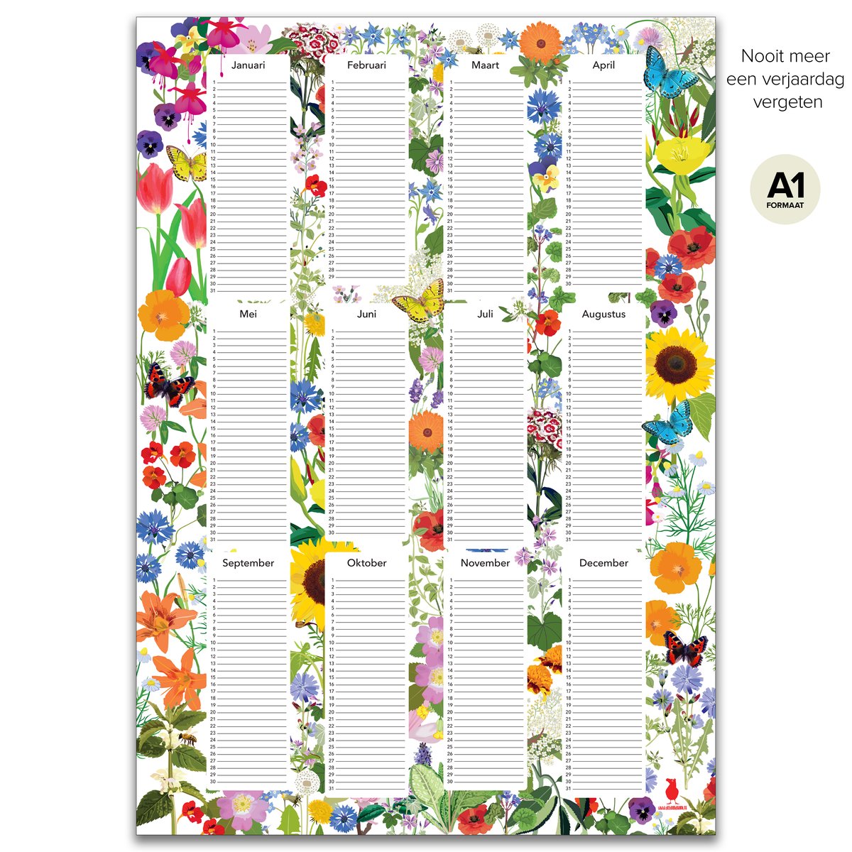 Verjaardagskalender Poster A1 Botanisch – Bloemen Design – Zonder Jaartal – Duurzaam PEFC Papier – Wandkalender
