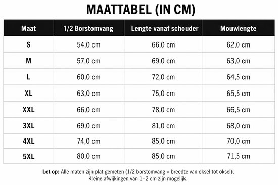 Maattabel voor heren hoodie.