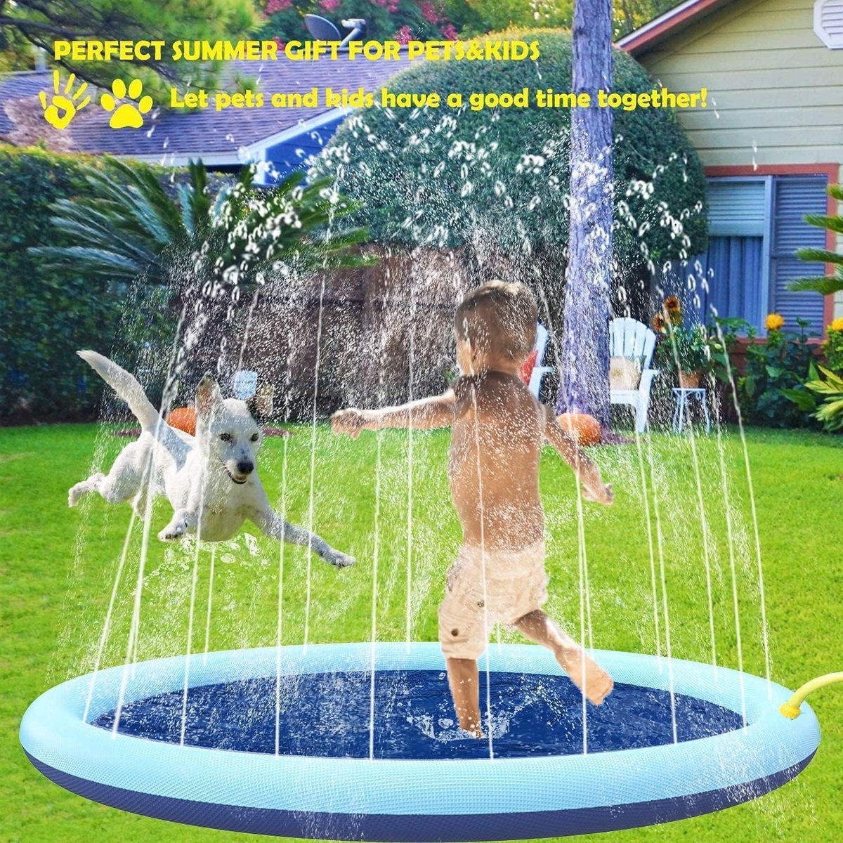 Hondenzwembad Met Sproeiers - Ø 100cm - Anti Slip Hondendouche - Bad voor Honden - Waterspeelgoed Hond - Fontein - Zwembad - Hondenbad - Fontein - Speelmat voor zomer, tuin, strand, achtertuin - Blauw thumbnail 7